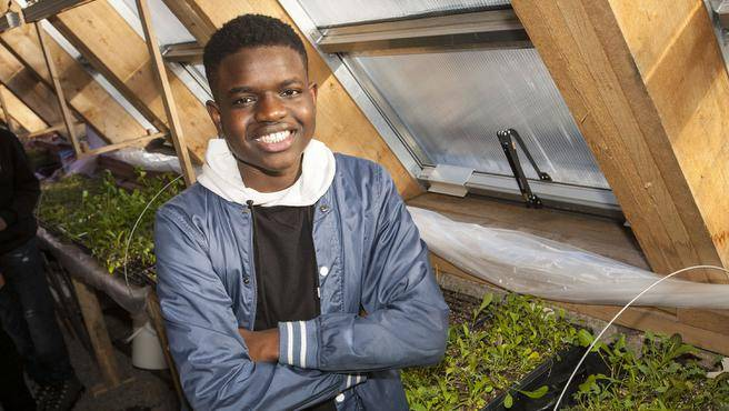 Mamadou Wade in the greenhouse that helped grow his scholarships.